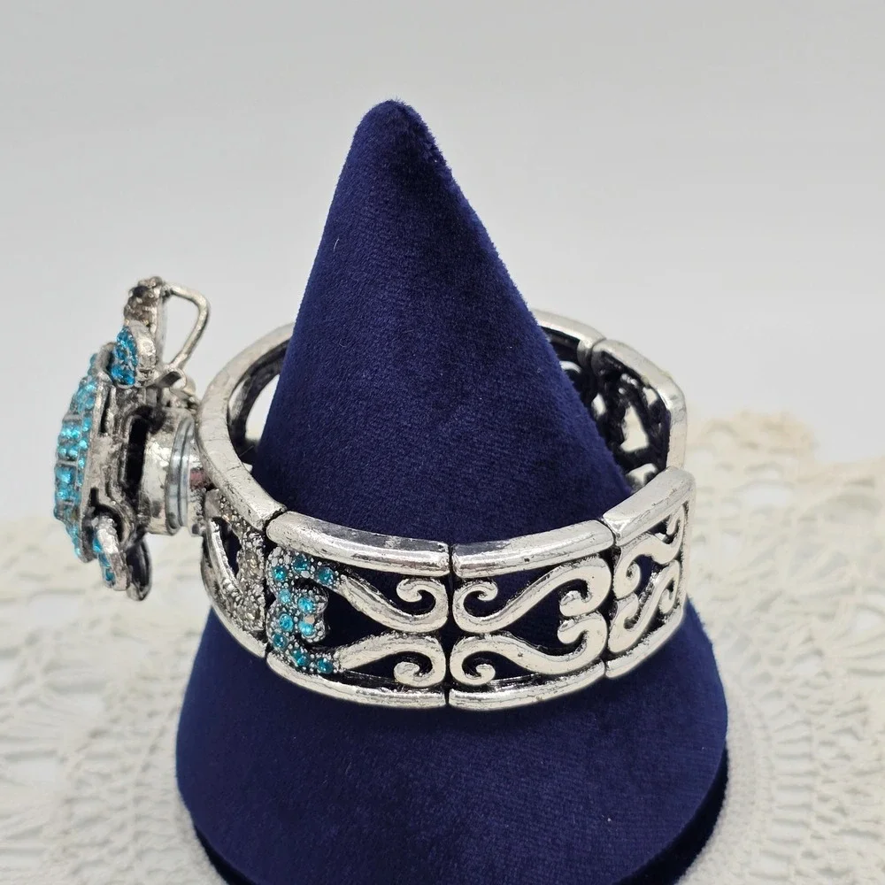 Rhinestone Articulated Turtle Bracelet Bangle Blue Magnetic Pendant Brooch 6.5